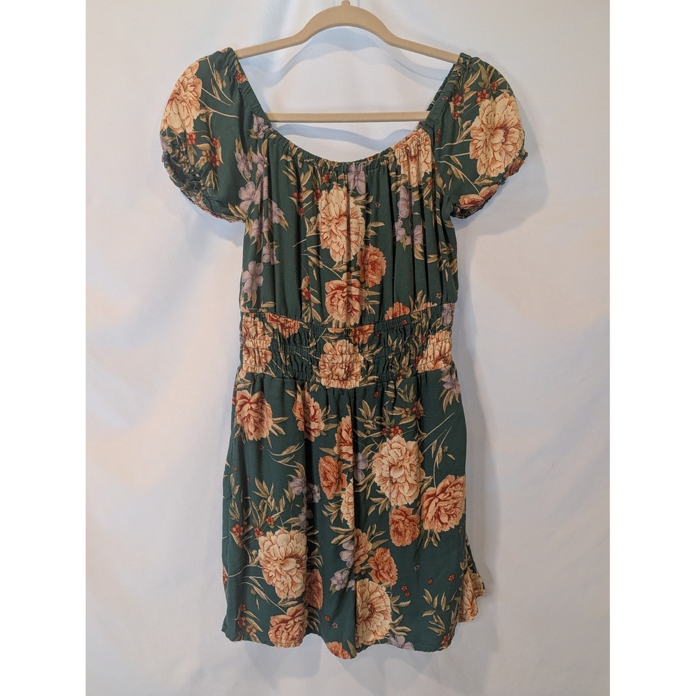 American Eagle Floral Smocked Waist Romper Green Peach XS Pockets Puff Sleeve
